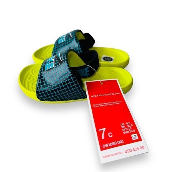 Nike Kawa Slide SE Black / Cyber / Aquamarine CW1658-001 Infant 7 - Picture 2 of 11